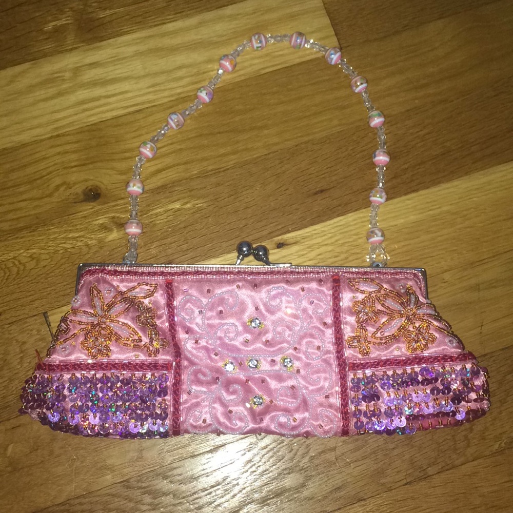 Beautiful, Hand Beaded, Pink Clutch with/   Strap